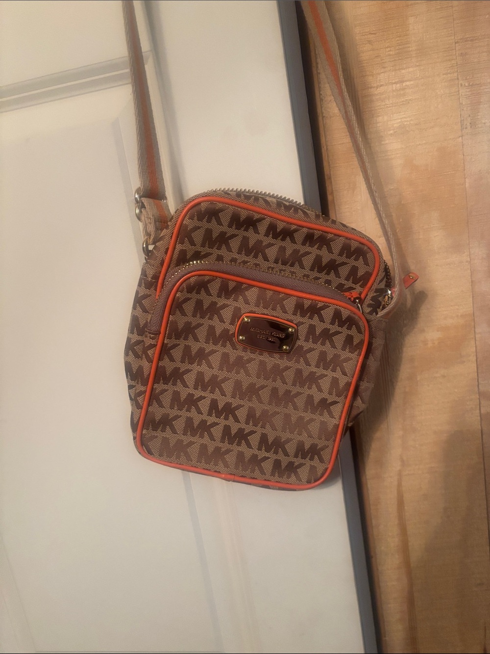 Michael Kors Brown Monogram Crossbody with Orange Trim
